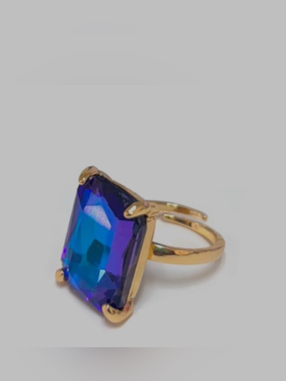 Blue Adjustable Brass Rectangle Glass Stone Mirror Gold Ring